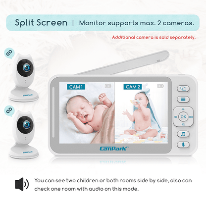 Campark 2 Cameras with Battery Baby Monitor, Video Baby Monitors with Camera and Audio, 4.3" LCD Split Screen, Two-Way Talk, Night Vision, VOX Mode, 8 Lullabies, Temperature Monitor
