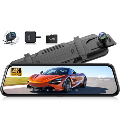 TOGUARD Backup Camera Rear View Mirror Camera, 10" Touch Screen 4K+1080P Front and Rear Dash Cam, with 64GB Memory Card, Parking Assist, Parking Monitoring, GPS