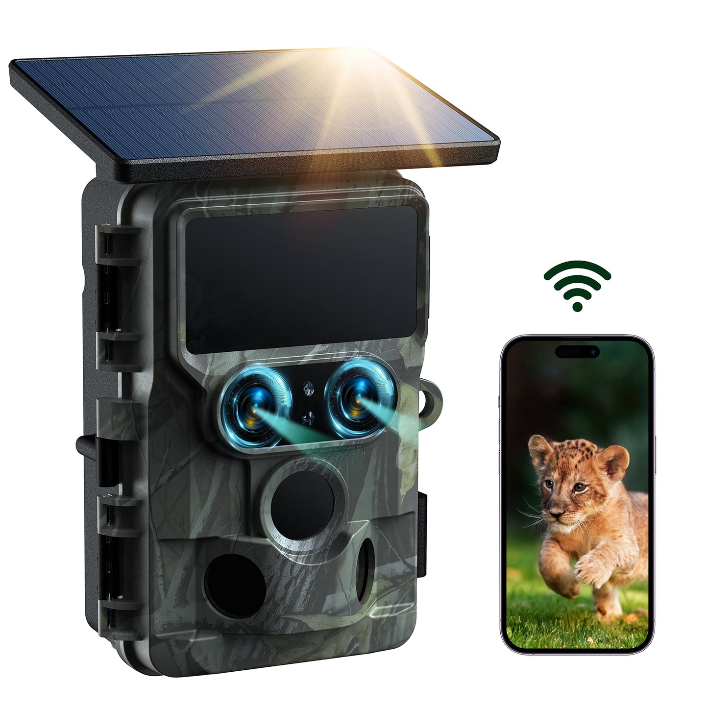 CAMPARK WiFi Trail Camera 4K UHD 30FPS Integrated Solar Powered, Starlight Night Vision Dual Lens 60MP Bluetooth Game Camera with 0.1S Trigger IMX458 Sensors P66 Waterproof for Wildlife Monitoring