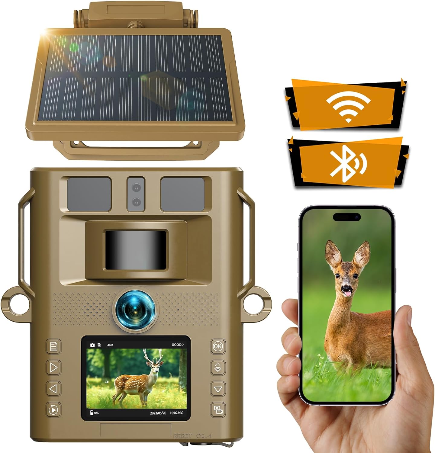 CAMPARK Solar WiFi Trail Camera Native 4K 30fps 46MP Super Concealment Deer Hunting Game Camera wtih 5000mAh 950nm Night Vision 120° Wide Angel Motion Activated Waterproof IP66 Trail Wildlife Camera