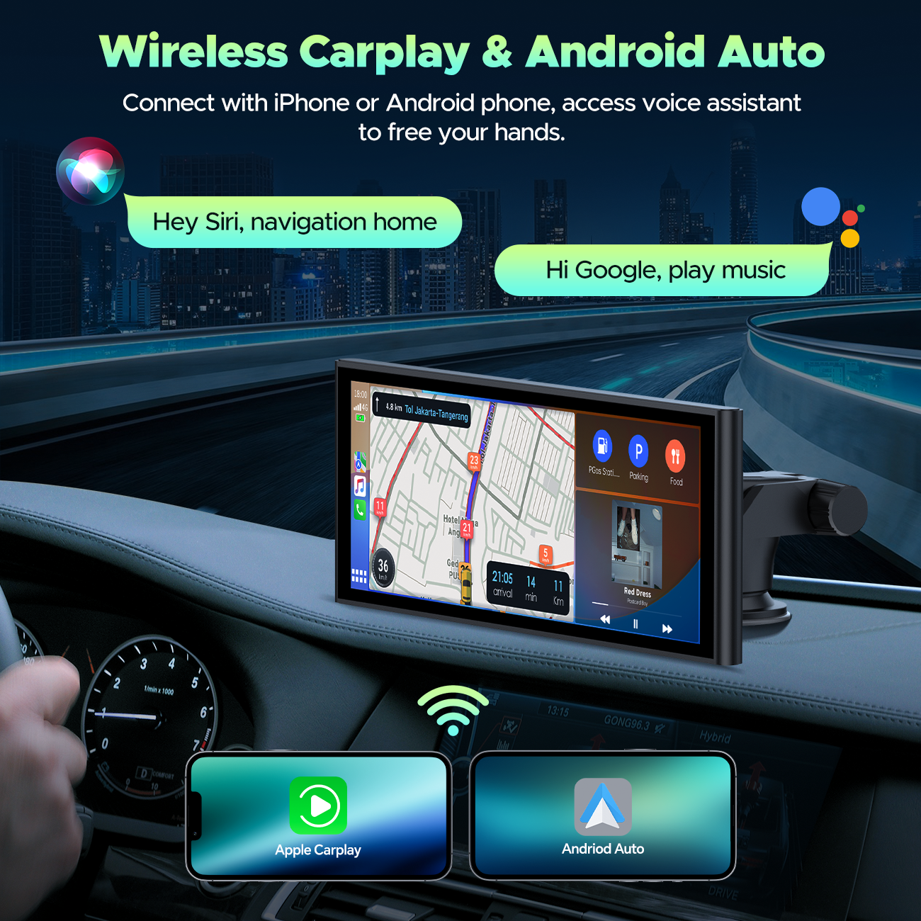 TOGUARD 9.26" Wireless Carplay Touchscreen with 4K Front Dashcam,Protable Carplay Screen Digital Media Receivers Android Auto,Bluetooth,GPS Navigation,G-Sensor,Loop Recording,Mirror Link
