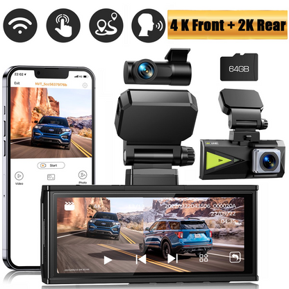 Toguard Dash Cam 4K Front and 2K Rear, TOGUARD Dash Camera Built-in WiFi GPS Voice Control 3.16" Touch Screen Car Camera with 64GB SD Card