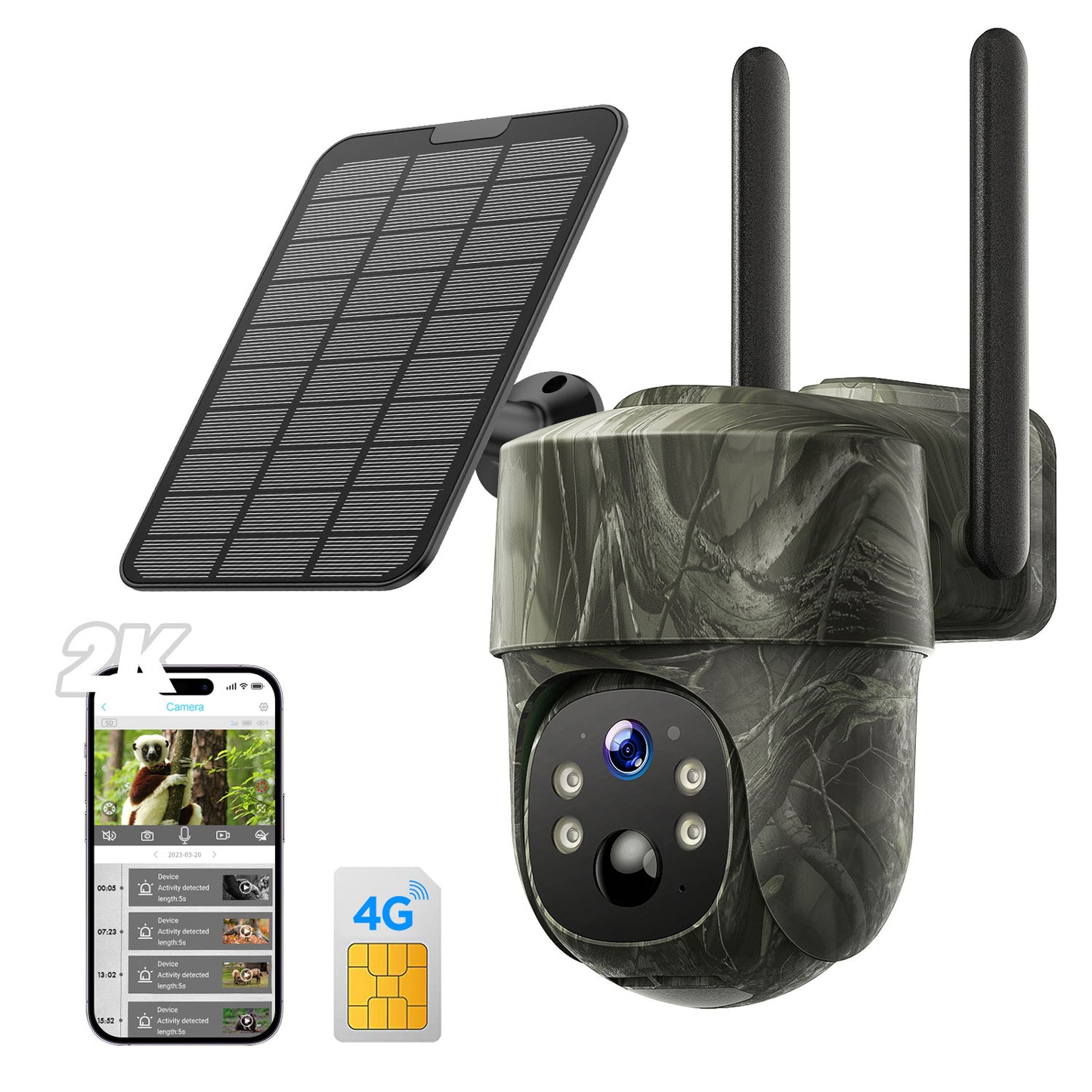Campark 4G LTE Cellular Trail Camera Solar with SIM Card, Wireless Outdoor No Wifi Game Hunting Camera, 2K HD PTZ Night Vision Waterproof Motion Detection Security Cam with Cloud Storage