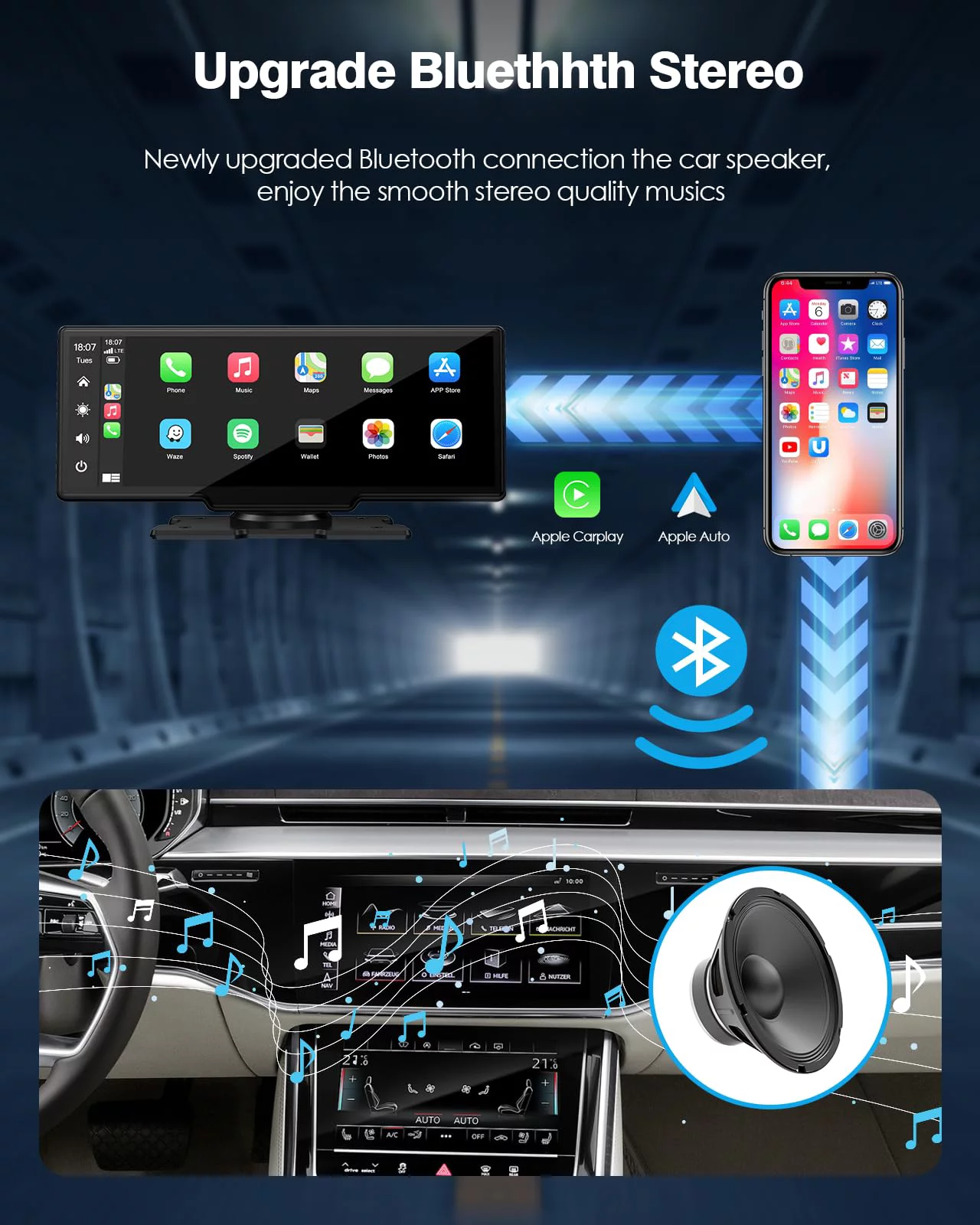 Lamtto 9.26" Wireless Car Stereo Apple Carplay with 2K Dash Cam, 1080P Backup Camera, Portable Touchscreen GPS Navigation for Car, Car Stereo Receiver with Bluetooth, AirPlay, AUX/FM, Googel, Siri