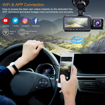 TOGUARD 4K Car Camera GPS Speed 3 Channel Dash Camera Front and Rear Inside 2K+1080P+2K IR Night Vision,170° Wide Angle, WDR, Emergency Lock, Parking Monitor
