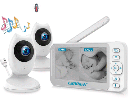 Campark 2 Cameras with Battery Baby Monitor, Video Baby Monitors with Camera and Audio, 4.3" LCD Split Screen, Two-Way Talk, Night Vision, VOX Mode, 8 Lullabies, Temperature Monitor