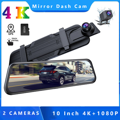 Mirror Dash Cam 4K Front and 1080P Rear, 10" Car Backup Camera with Voice Control