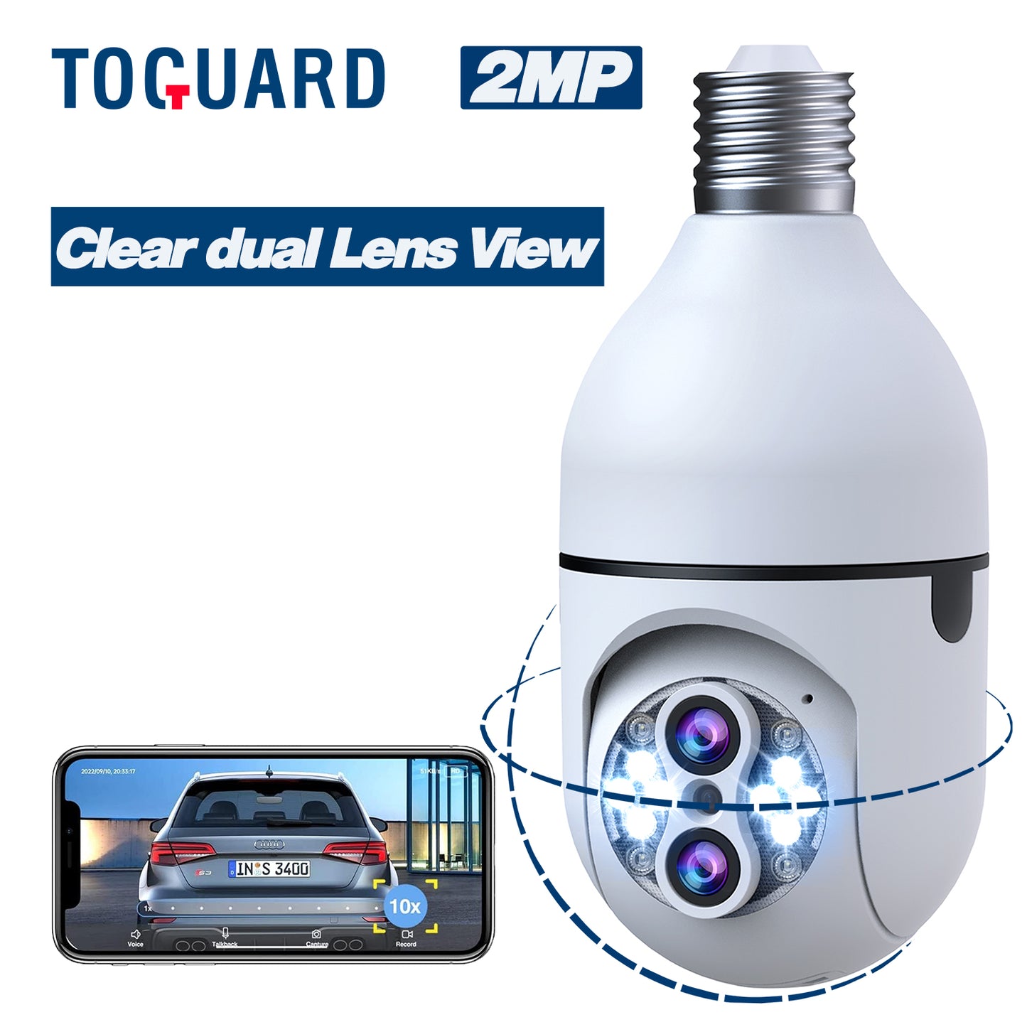 Toguard SC11 1080P Light bulb Security Camera with Auto Tracking 10X Zoom E27 PTZ Dual Lens Security Camera Outdoor 2-Way Audio IP65 Waterproof
