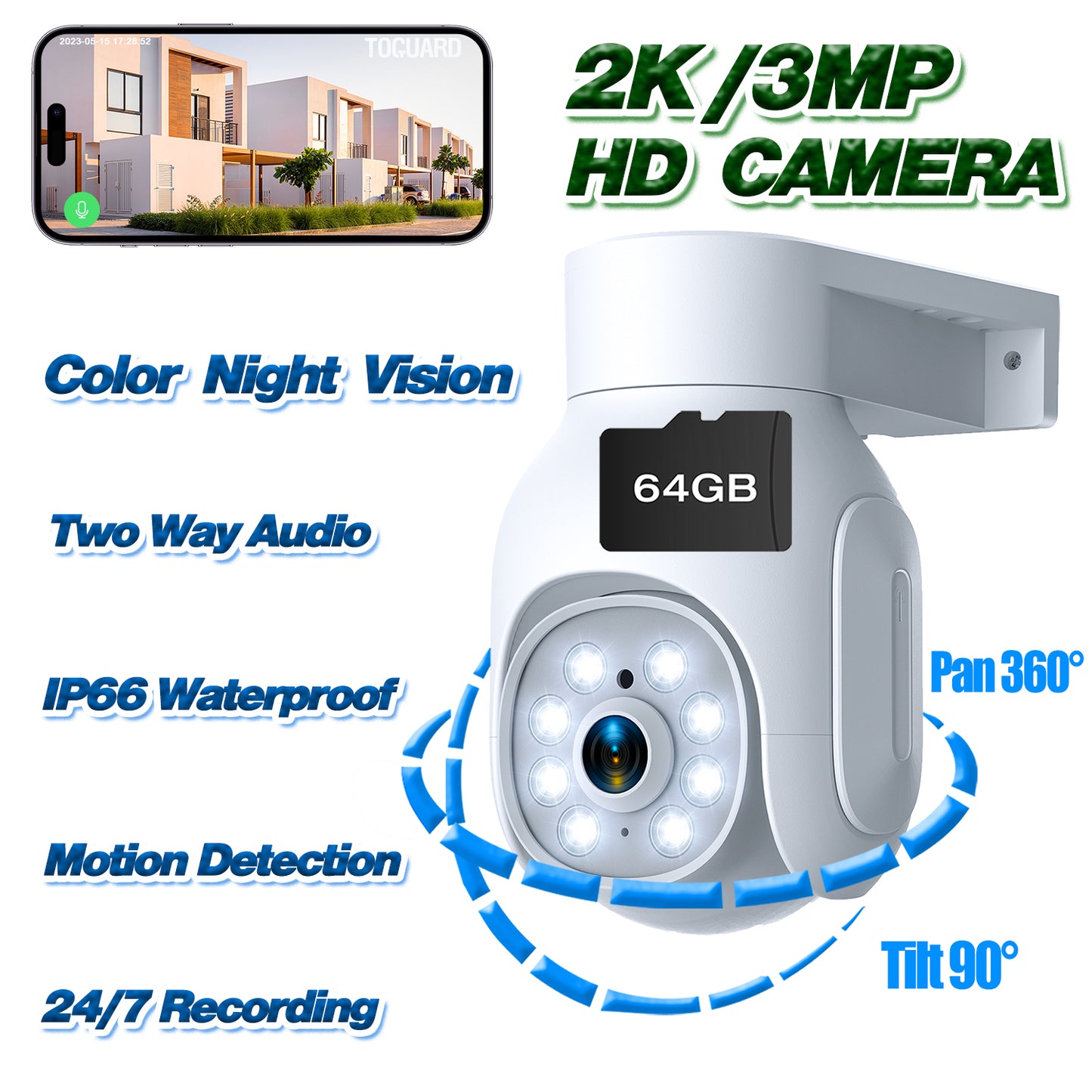 Toguard SC25 2K/3MP WiFi Security Camera Outdoor PTZ Dome Surveillance Camera with SD card