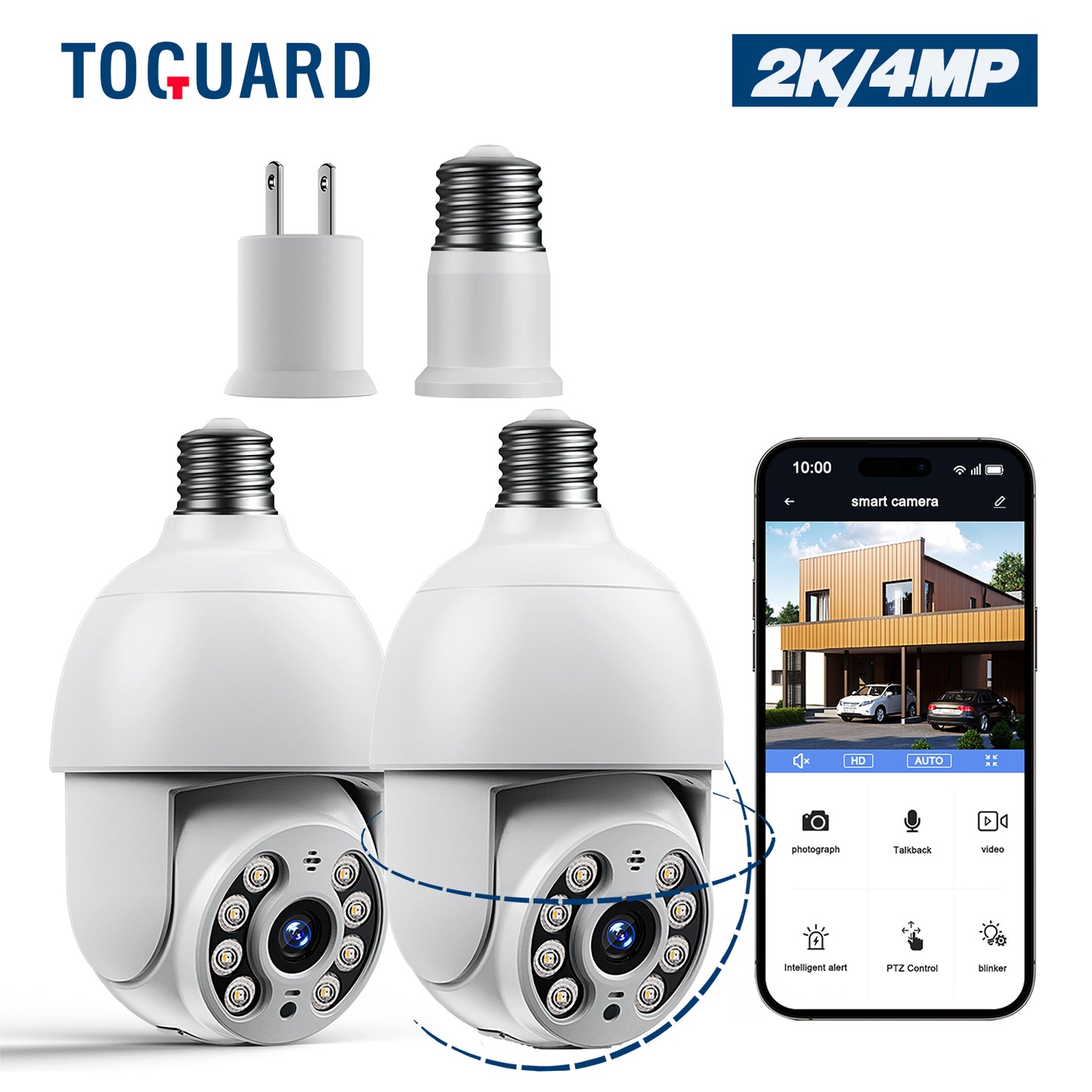 Toguard 2 Packs SC30 2K/4MP WiFi Light Bulb Security Camera Outdoor Indoor PTZ Wireless Dome Surveillance Camera