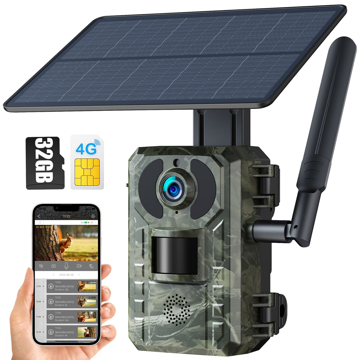 CAMPARK 4G Cellular Solar Trail Camera with SD Card, 2.5K 14MP Hunting Game Camera with Live View and Motion Alerts, 940nm No Glow Night Vision and IP66 Waterproof for Wildlife Monitoring