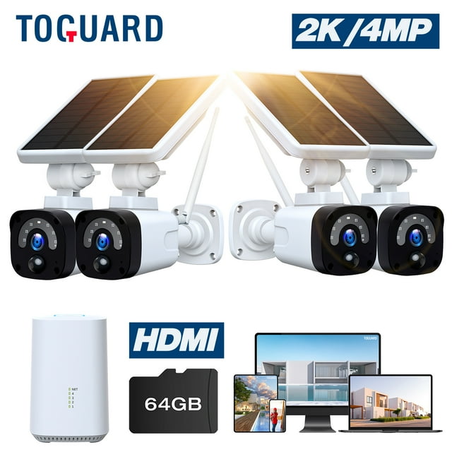 TOGUARD SC04 2K/4MP Solar Security Camera System Outdoor Battery WiFi Wireless Bullet Surveillance Camera NVR HDMI Connector