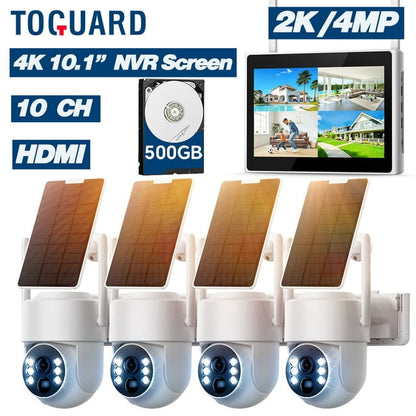 TOGUARD SC43 2K/4MP Solar Wireless Security Camera System with 10CH 10.1" NVR Monitor Outdoor Battery WiFi Dome Surveillance Camera HDMI Connector