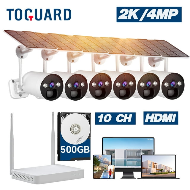 Toguard SC17 10CH 2K/4MP Solar Wireless Security Camera System Outdoor 6 Pcs Battery WiFi Bullet Surveillance Camera NVR HDMI Connector
