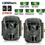 CAMPARK 2 Pack Trail Camera with SD Card 24MP 1080P Game Hunting Deer Camera Night Vision Activated
