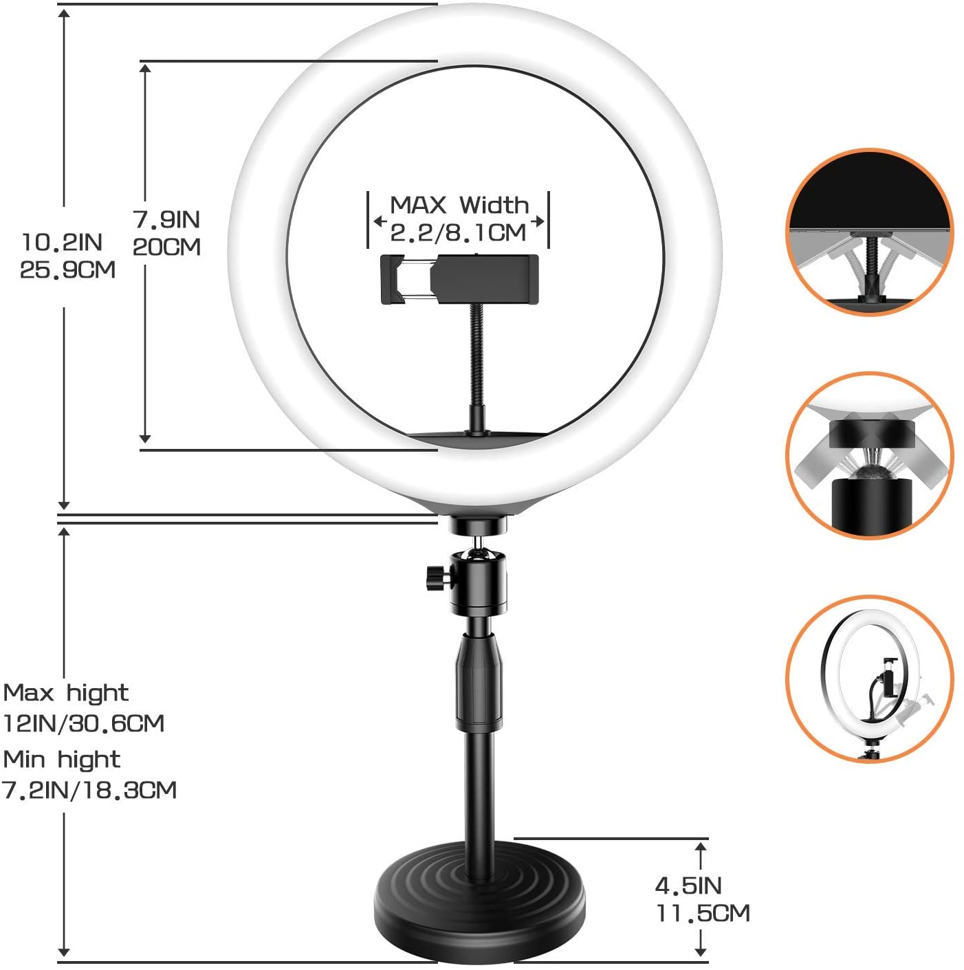 Jeemak PC50 10.2 inch selfie ring light with base and mobile phone holder