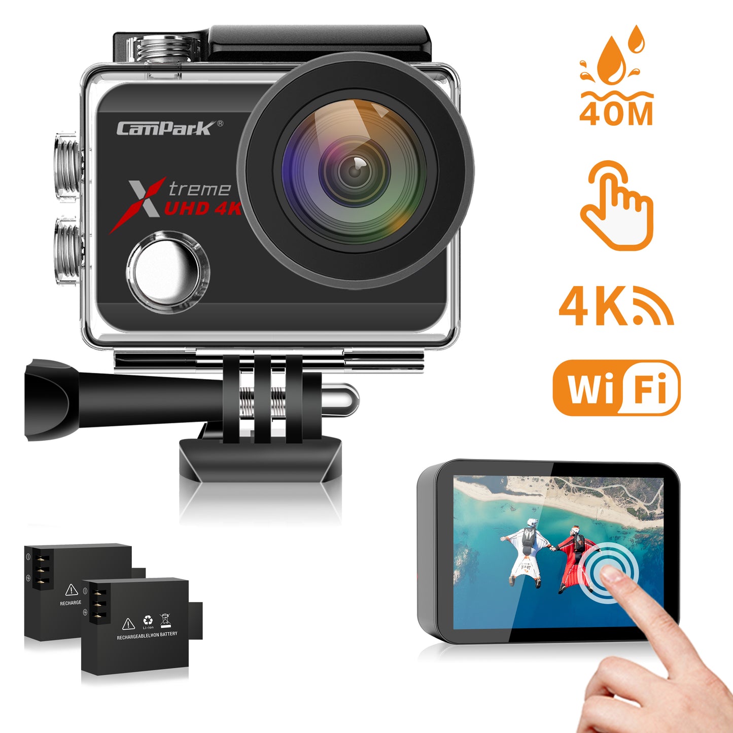 CAMPARK X30A Action Camera 4K 60fps Ultra HD 20MP WiFi EIS Anti-Shake Waterproof 40m Touch Screen Underwater Camera 170° Wide Angle 2 Rechargeable 1350mAh Batteries and Helmet Accessories Kits