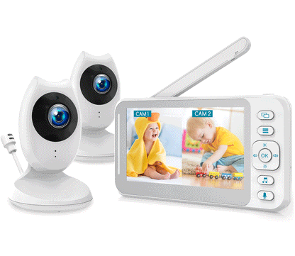 CAMPARK Baby Monitor with 2 Cameras, Video Baby Monitors with Camera and Audio, 4.3" LCD Split Screen, Two-Way Talk, Night Vision, VOX Mode, 8 Lullabies, Temperature Monitor and Long Last Battery
