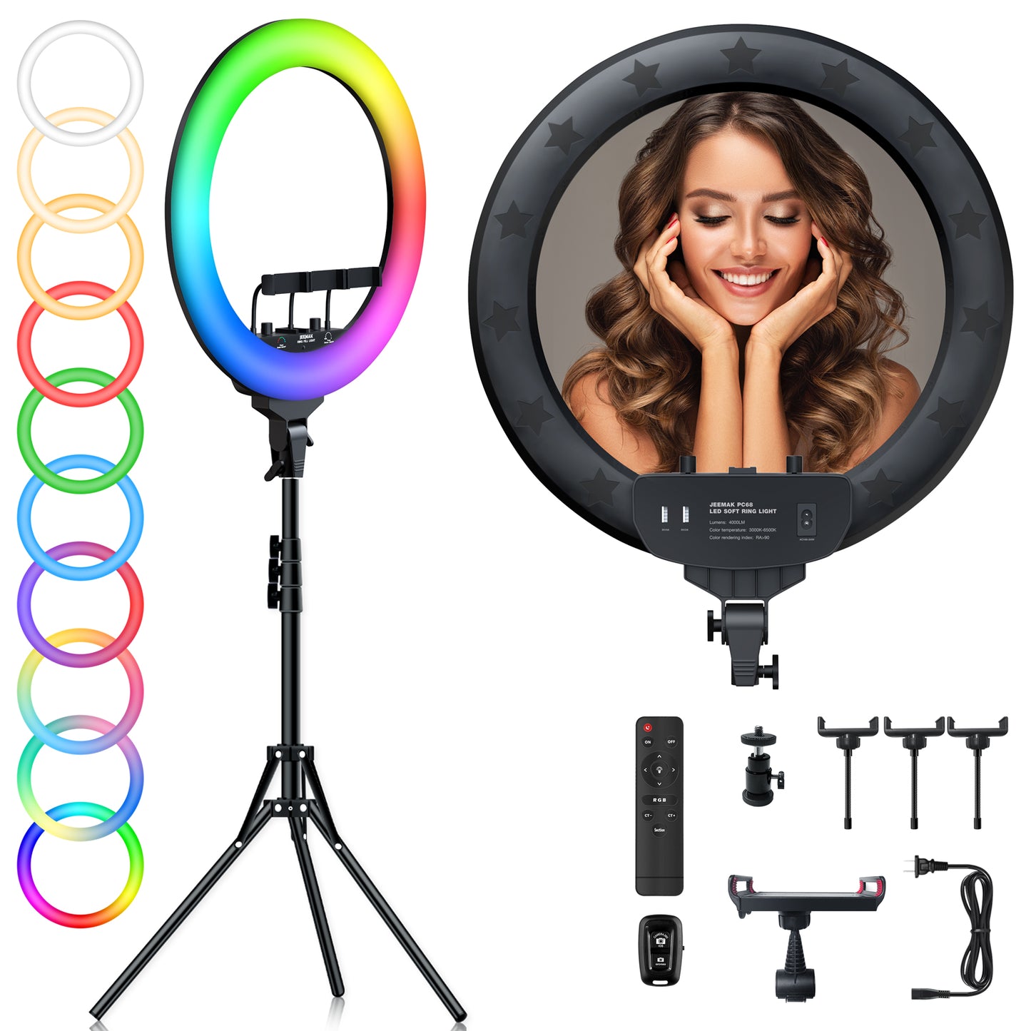 Jeemak 18 inch RGB Ring Light 49 Colors Circle Selfie Ring Light with Stand Phone Holder for Camera Photography Live Stream Makeup TikTok YouTube YouTube