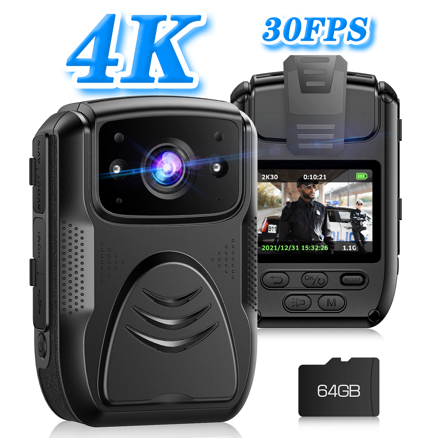 Campark 4K 40MP Body Camera Waterproof with Audio and Video Recording 170° Wide-Angle IR Night Vision with GPS 64GB Card