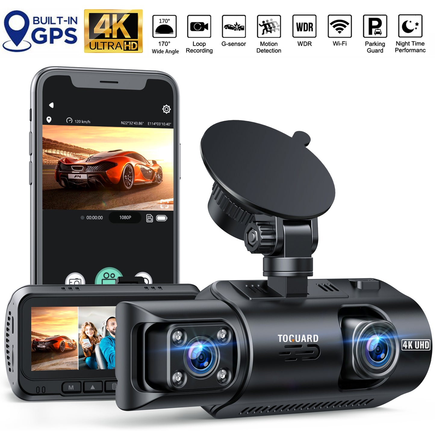 4K WiFi GPS Dash Cam, TOGUARD Front and Inside Dual Dash Camera with IR Night Vision
