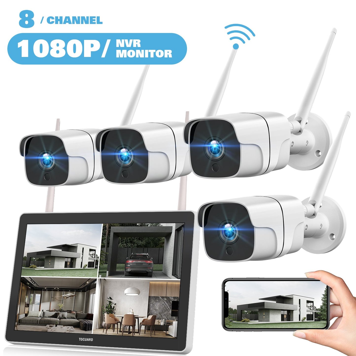 Toguard W400 1080P Wireless Security Camera System with 12 inch LCD Monitor, 8CH NVR 4Pcs WiFi Outdoor Home Surveillance Camera