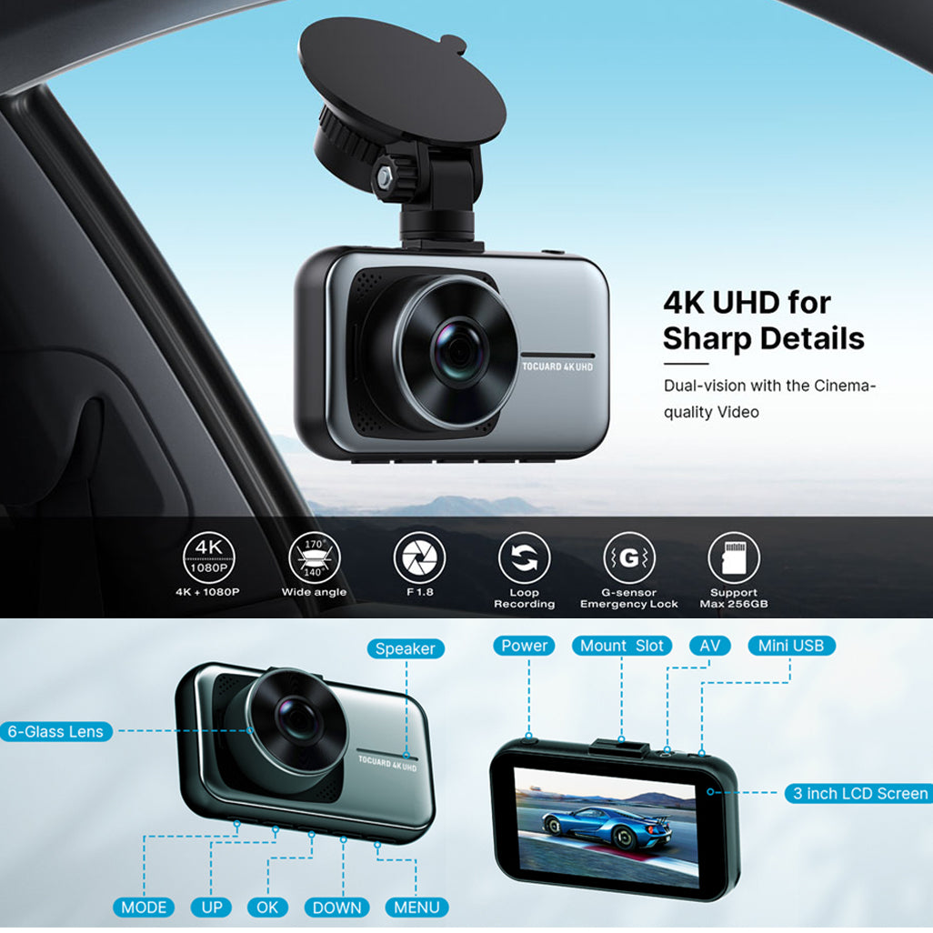 Toguard 4K Dash Cam, Front and Rear Dual Dash Camera 3-inch LCD WDR Car Camera