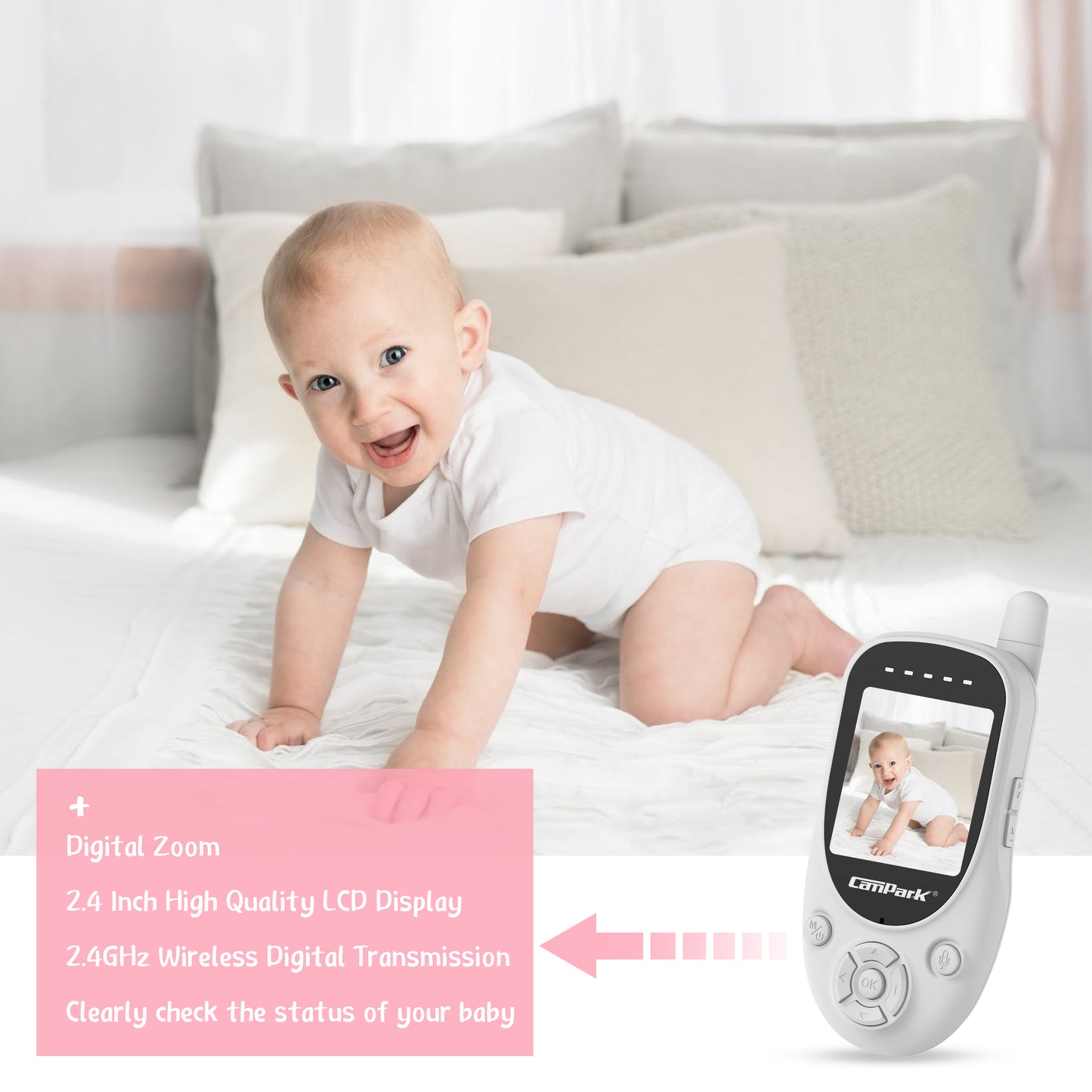 CAMPARK Video Baby Monitor with Cameras, 2.4" LCD Screen,Two-Way Talk, Night Vision, VOX Mode, 8 Lullabies, Temperature Monitor, Long Transmission Range