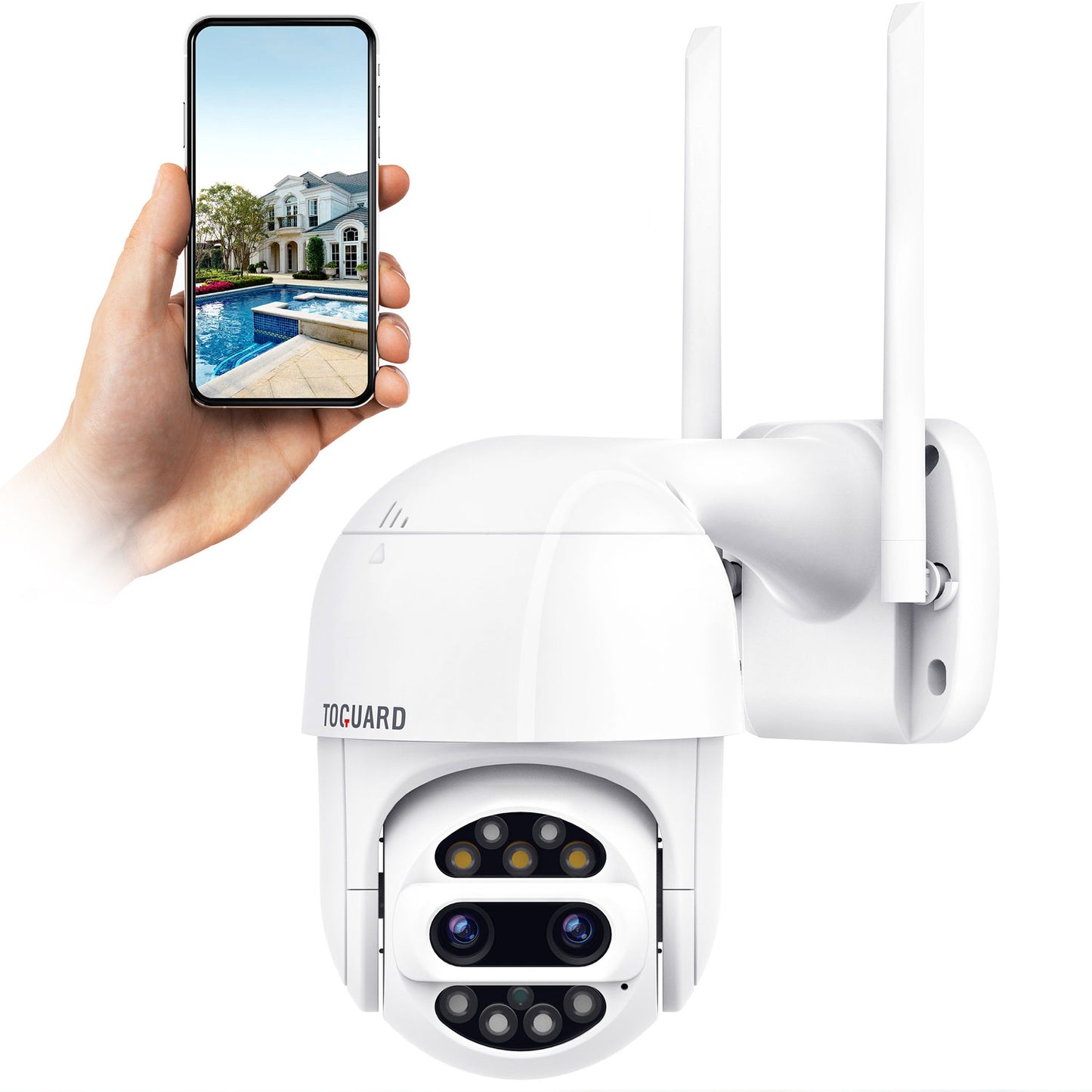 TOGUARD Security Camera Outdoor, 360°View Pan-Tilt Home Surveillance Camera with 1080P Dual Lens, 2-Way Audio, Color Night Vision, Motion Detection, WiFi Weatherproof Camera Support SD Card