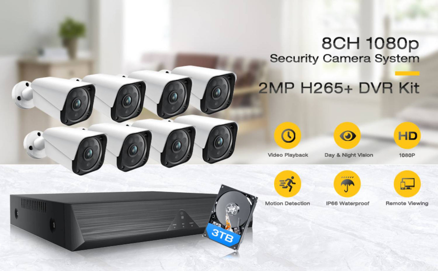 TOGUARD Home Security Camera 1080P 8CH DVR Outdoor Waterproof Wired CCTV Surveillance Camera IR Night Vision Remote