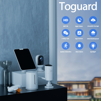 Toguard 3MP Solar Wireless Security Camera System Rechargeable Battery Security Camera Wireless Wifi Outdoor Indoor (Includes Base Station & 2 Camera & Solar Panel)