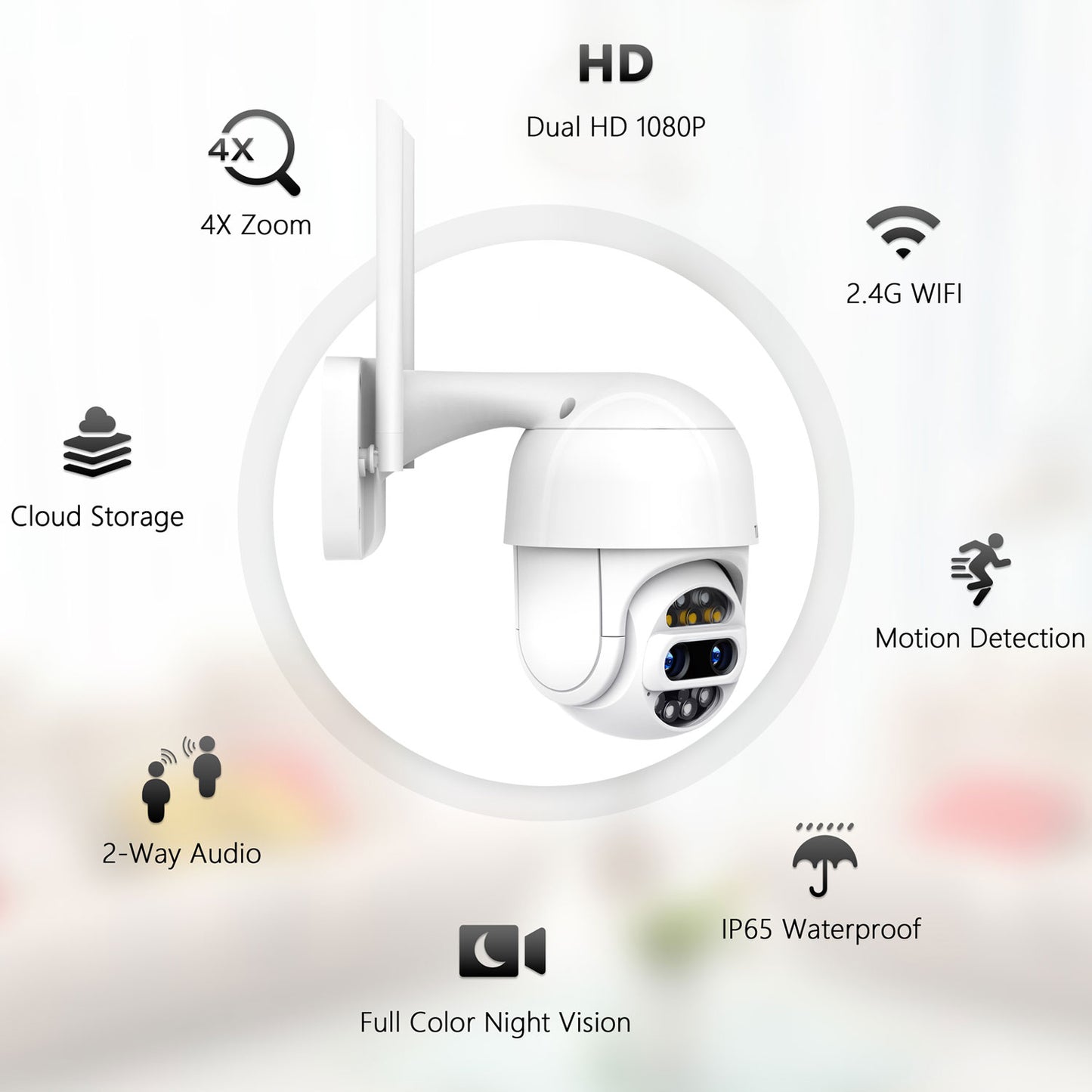 TOGUARD Security Camera Outdoor, 360°View Pan-Tilt Home Surveillance Camera with 1080P Dual Lens, 2-Way Audio, Color Night Vision, Motion Detection, WiFi Weatherproof Camera Support SD Card