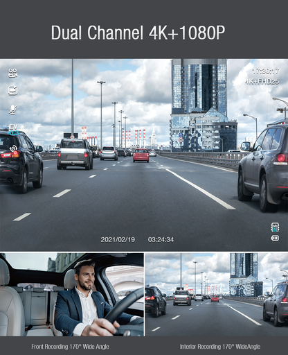 TOGUARD Dual Dash Cam 4K Front and Rear 1080P Inside Dash Camera 3" LCD Screen Car Cam Loop Recording Parking Monitor