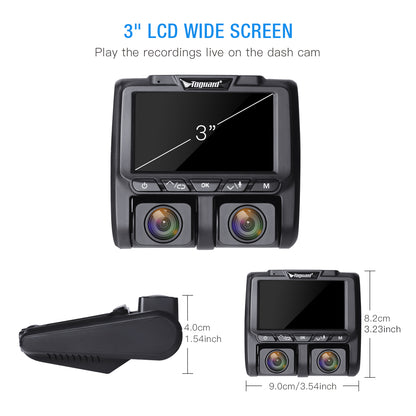 TOGUARD Dual Dash Cam Full HD 1080P+1080P Inside and Outside Car Camera Dash Cams 3" LCD Dashboard Camera with Sensor, WDR, Parking Monitor, Motion Detection