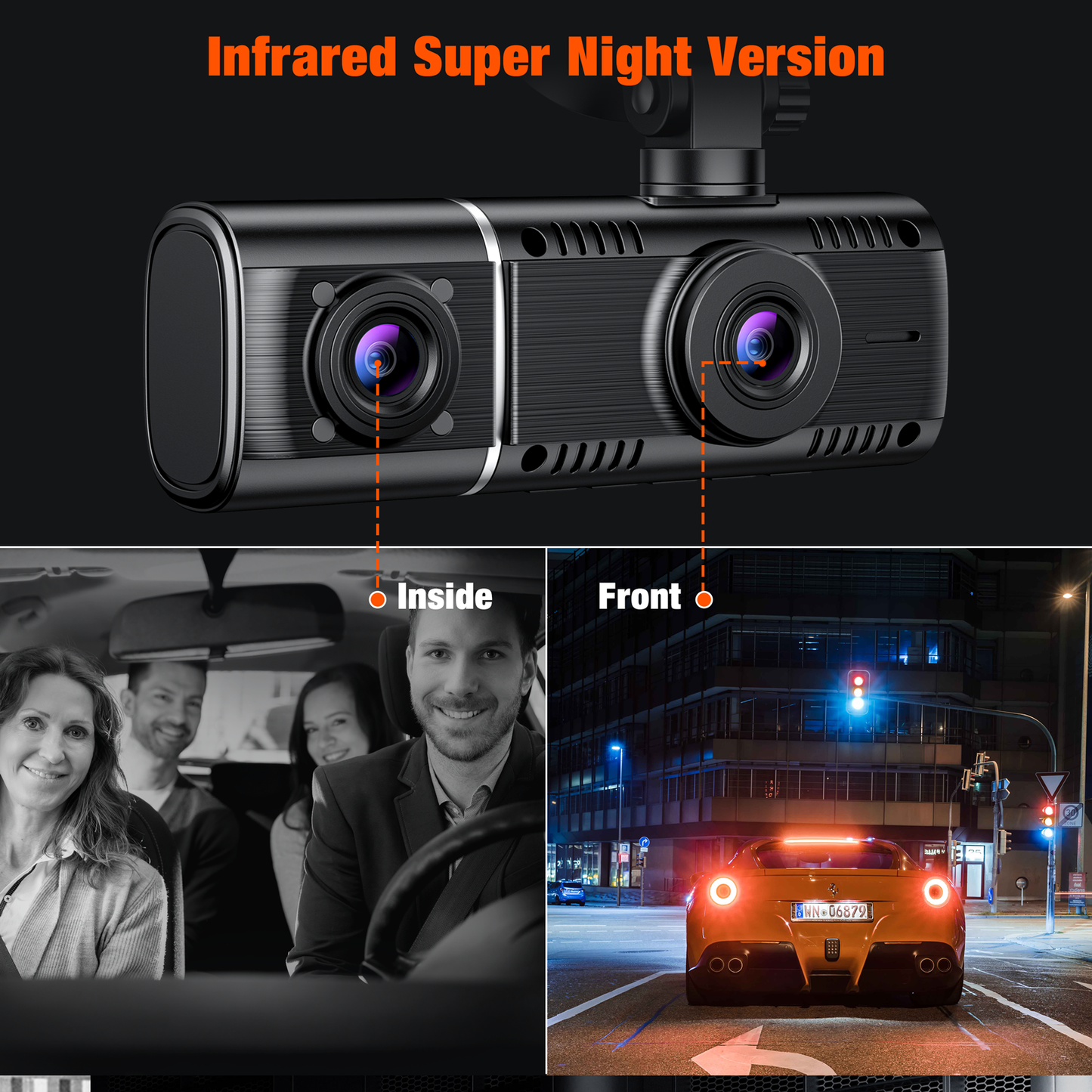 Dash Cam Front Rear Inside, TOGUARD 1080P Dash Camera Infrared Night Vision Car Camera