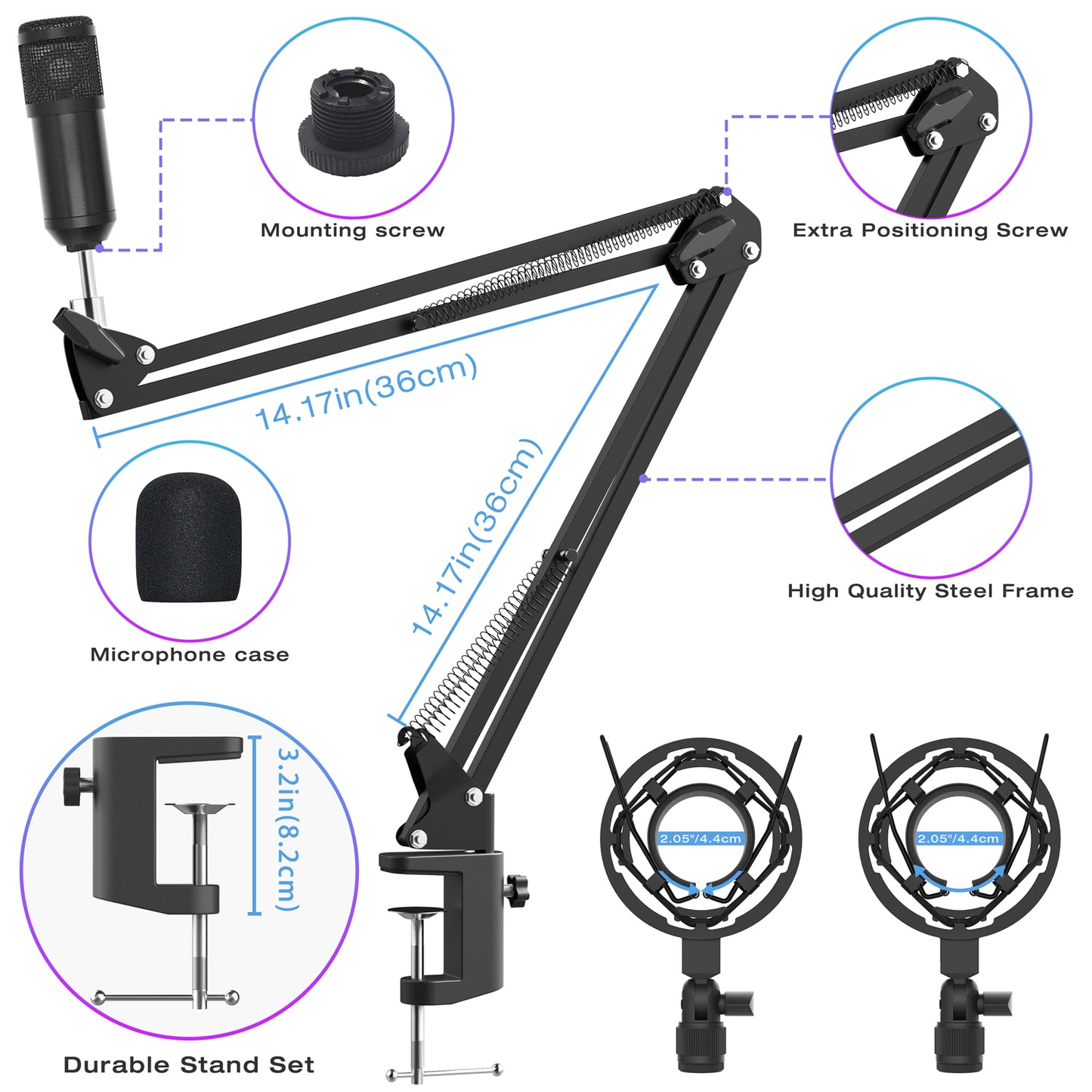 JEEMAK Microphone Stand Kit, Adjustable Suspension Boom Arm Scissor Mic Stand with Pop Filter,Shock Mount, Foam Mic Cover for Studio Blue Yeti