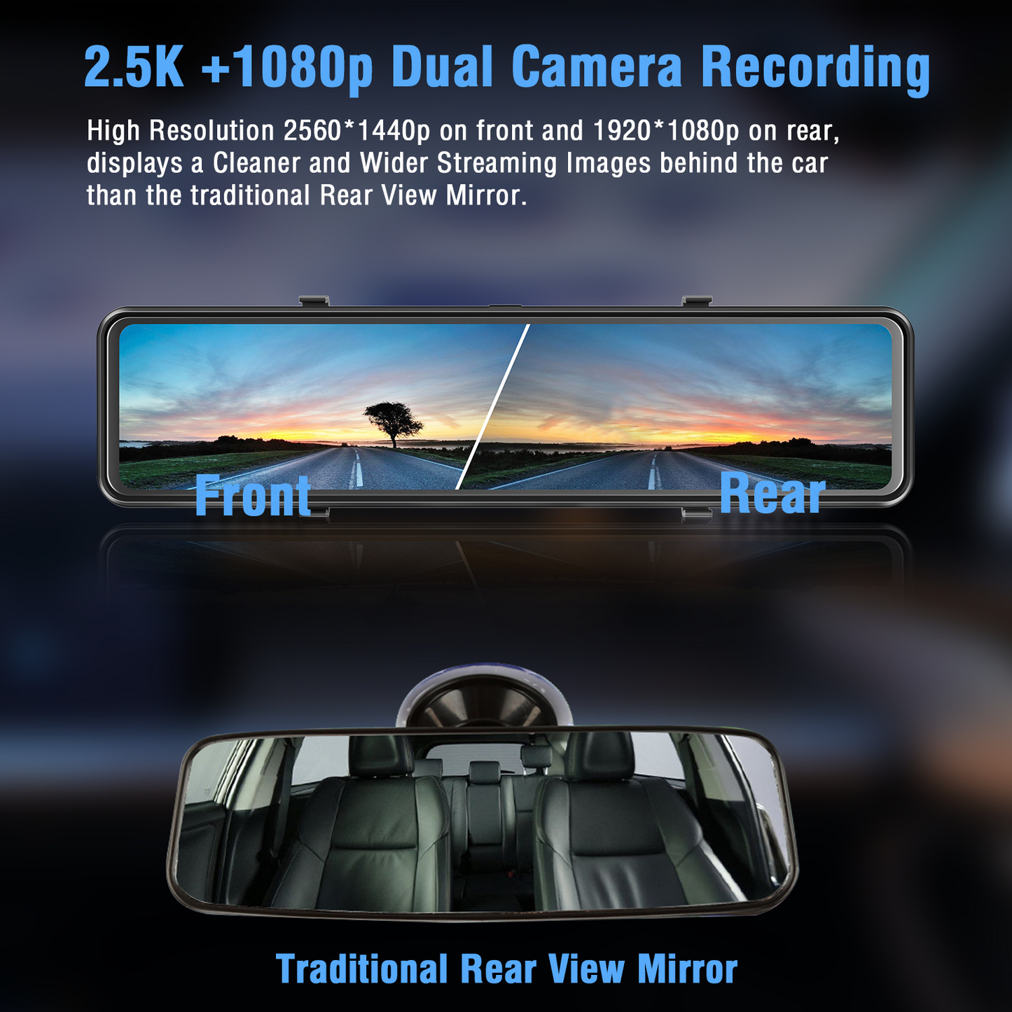 CAMPARK 2.5K Mirror Dash Cam 12" Touch Screen Rearview Mirror Camera Smart Voice Front and Rear Dash Camera Night Vision Backup for Cars Camera with GPS G-Sensor Parking Assistance