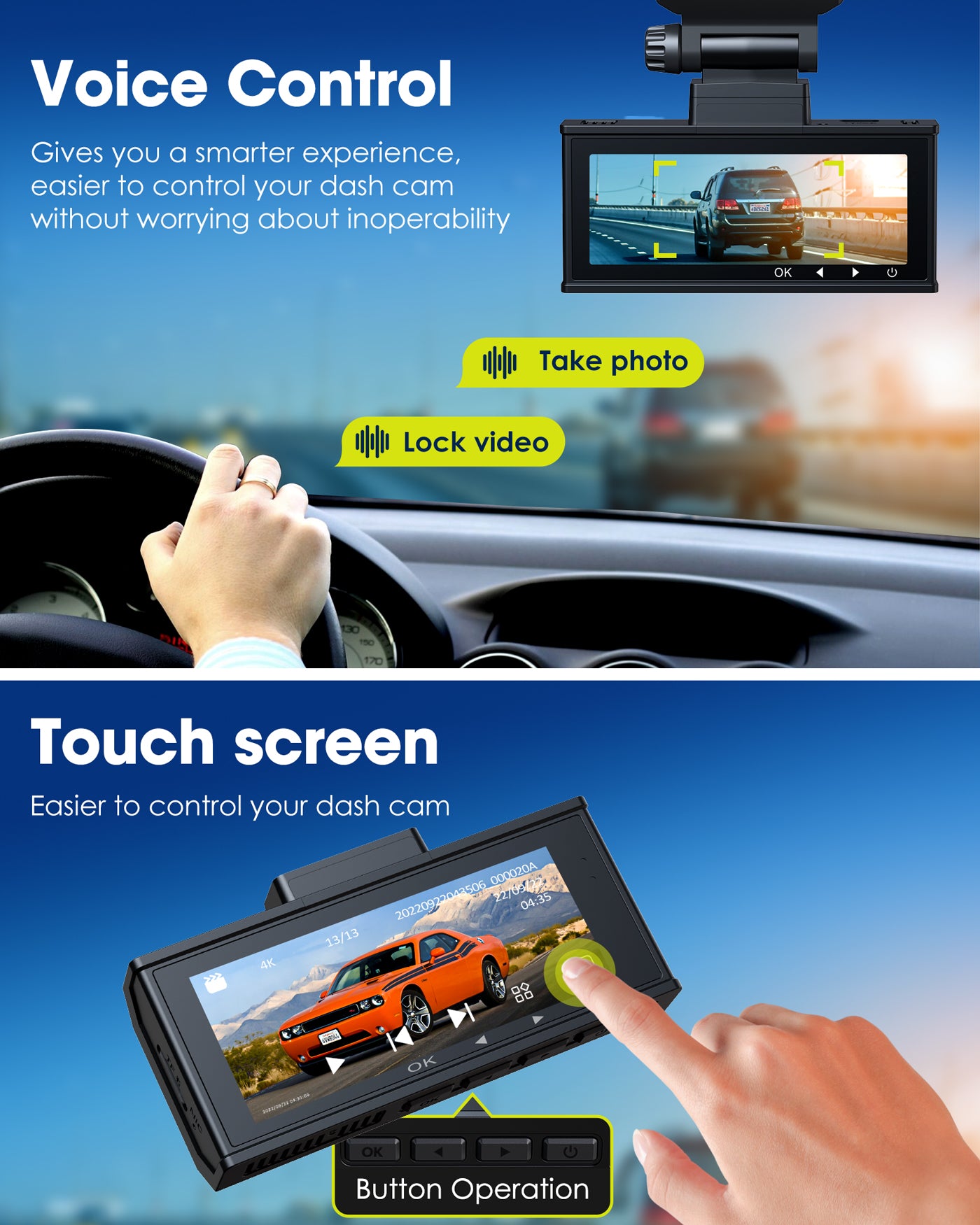 Toguard Dash Cam 4K Front and 2K Rear, TOGUARD Dash Camera Built-in WiFi GPS Voice Control 3.16" Touch Screen Car Camera with 64GB SD Card