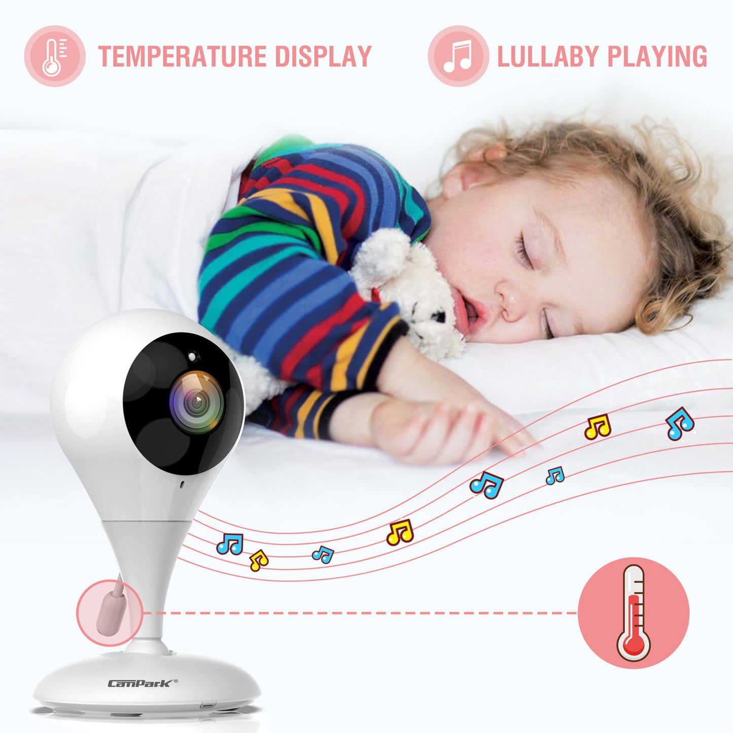 CAMPARK Video Baby Monitors with Camera, 2-Way Talk, Auto Night Vision, 2.4GHz Wireless Transmission, 960ft Range, Baby Camera, VOX Mode, Lullabies and Temperature Detection