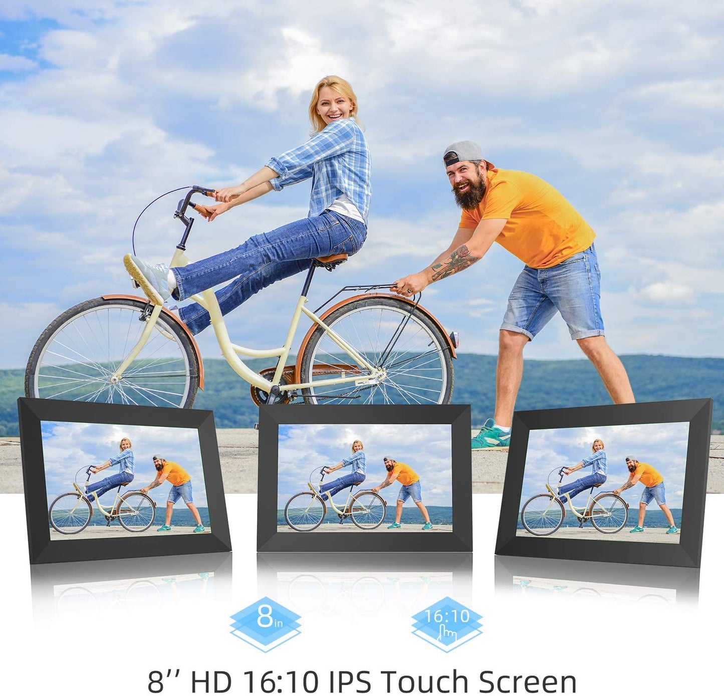 JEEMAK Smart Digital Photo Frame 8" WiFi HD Touch Screen Built-in 16GB Storage Auto-Rotate Easy Share Photos/Videos