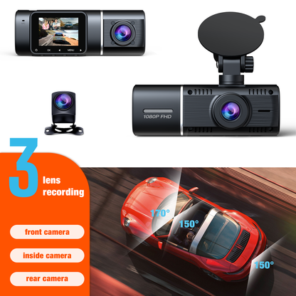 Three Channel Dash Cam Front and Rear Inside Cabin with 64GB U3 SD Card, TOGUARD Infrared Night Vision Dash Camera for Cars Taxi/Lyft/Uber Driver