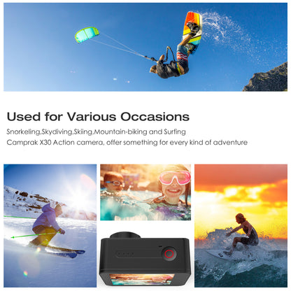 CAMPARK X30A Action Camera 4K 60fps Ultra HD 20MP WiFi EIS Anti-Shake Waterproof 40m Touch Screen Underwater Camera 170° Wide Angle 2 Rechargeable 1350mAh Batteries and Helmet Accessories Kits