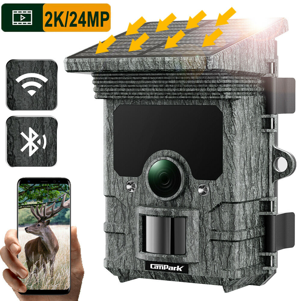 CAMPARK T150 Trail Camera Solar Powered WiFi 2K 24MP, WLAN Bluetooth Game Camera with Night Vision Motion Activated, IP66 Waterproof for Wildlife Monitoring Property Security Hunting Scouting Camera