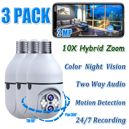 Toguard 3 Pack SC11 10X Hybrid Zoom Light Bulb Security Camera Outdoor E27 PTZ Dual Lens Wireless Dome Surveillance Camera