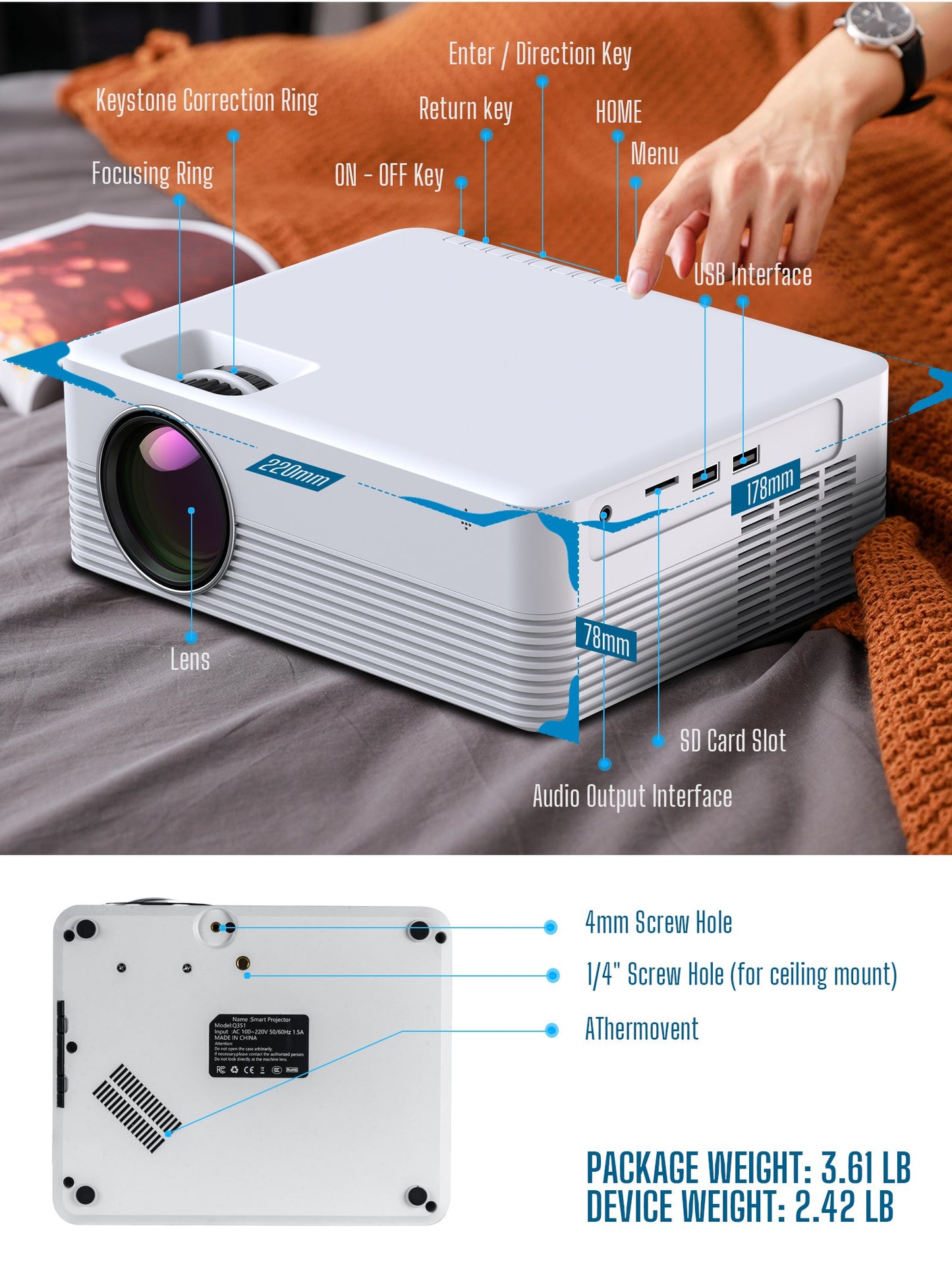 Jeemak P200 Video Projector Android WiFi Bluetooth Projector