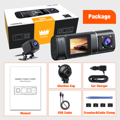 Three Channel Dash Cam Front and Rear Inside Cabin with 64GB U3 SD Card, TOGUARD Infrared Night Vision Dash Camera for Cars Taxi/Lyft/Uber Driver