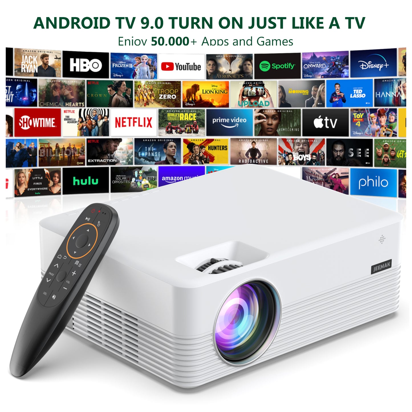 JEEMAK WiFi Movie Projectors Bluetooth Android TV 9.0 Smart Projector, 1080P and 170 Inch Display Supported, 6000 Lumens