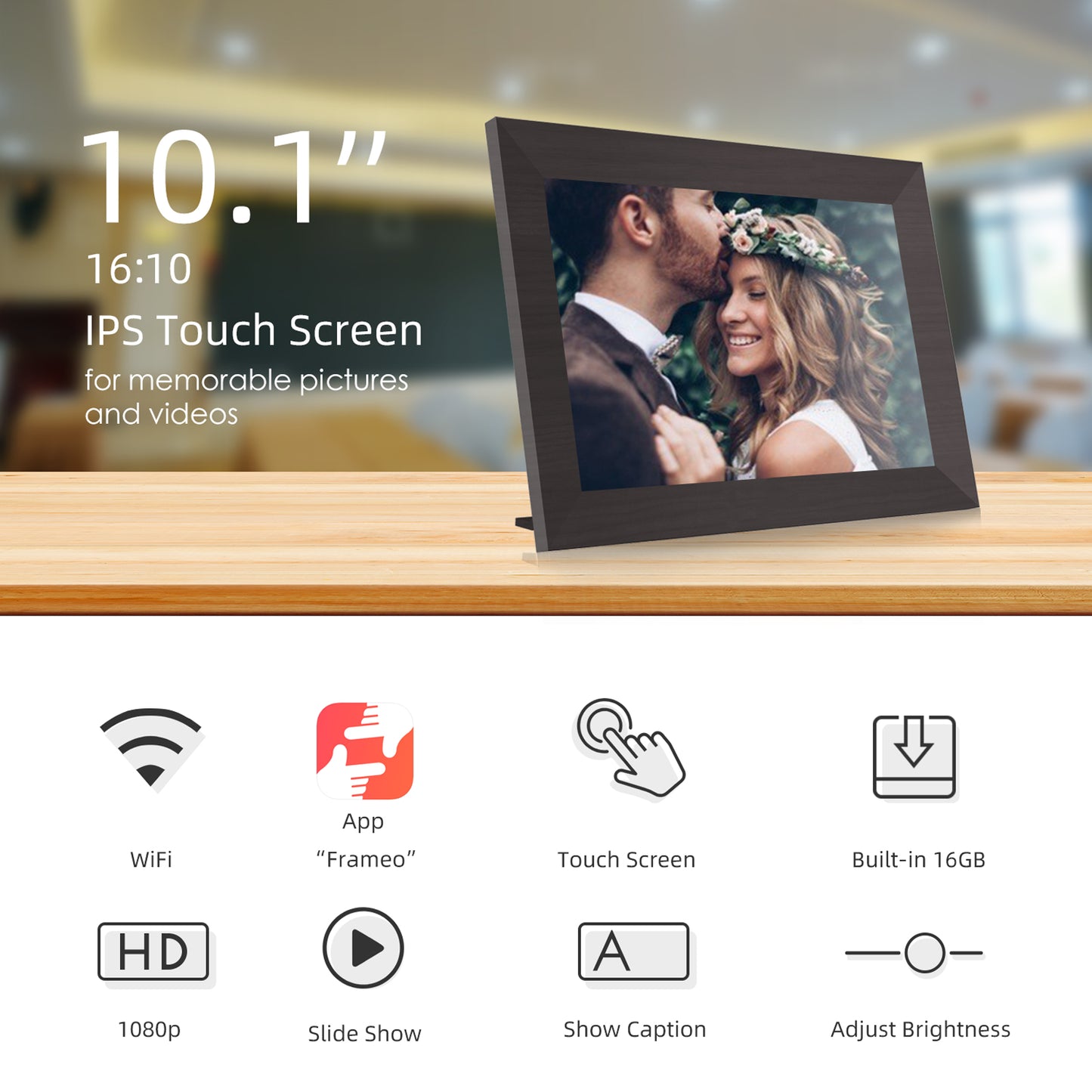 JEEMAK Digital Photo Frame 10.1" WiFi HD IPS Touch Screen Smart Photo Frame Easy Setup to Share Video Clips & Photos Wall Mountable Auto-Rotate Wood Grain Color