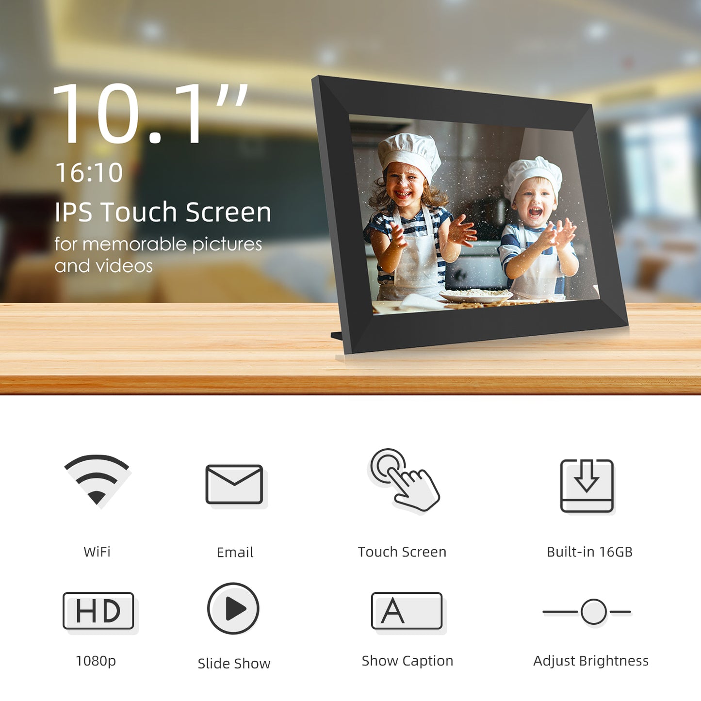 Jeemak Smart Digital Photo Frame 10" WiFi HD IPS Touch Screen Easy Setup to Share Video Clips & Photos Wall Mountable Auto-Rotate