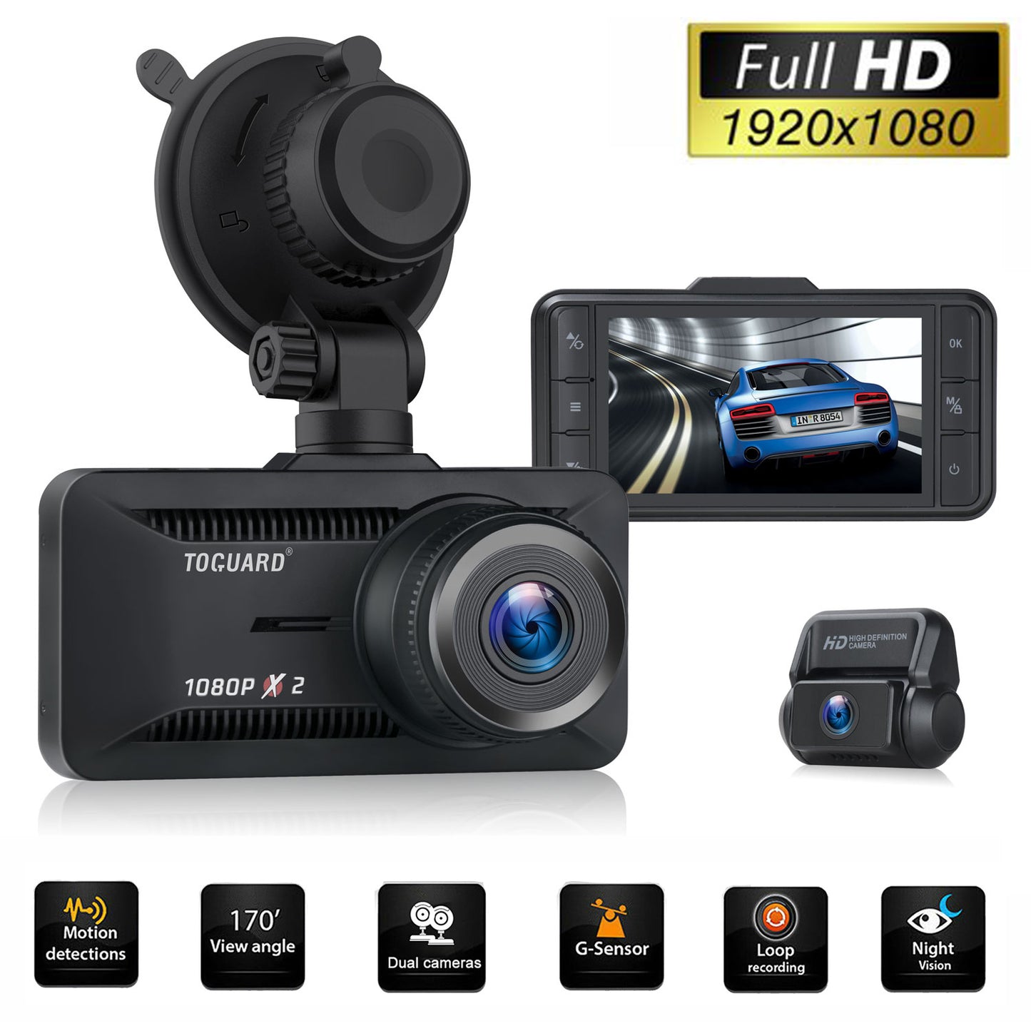 TOGUARD Dash Cam Dual 1080P FHD Front and Rear Dash Camera 3" IPS WDR GPS Car Camera Loop Recording G-Sensor Black